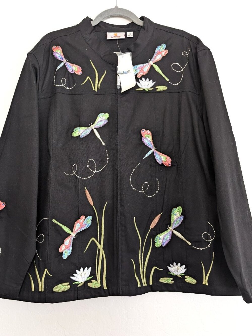 QUAKER FACTORY Jacket Women's 3X Black Zip Dragonfly Embroidered Rhinestone